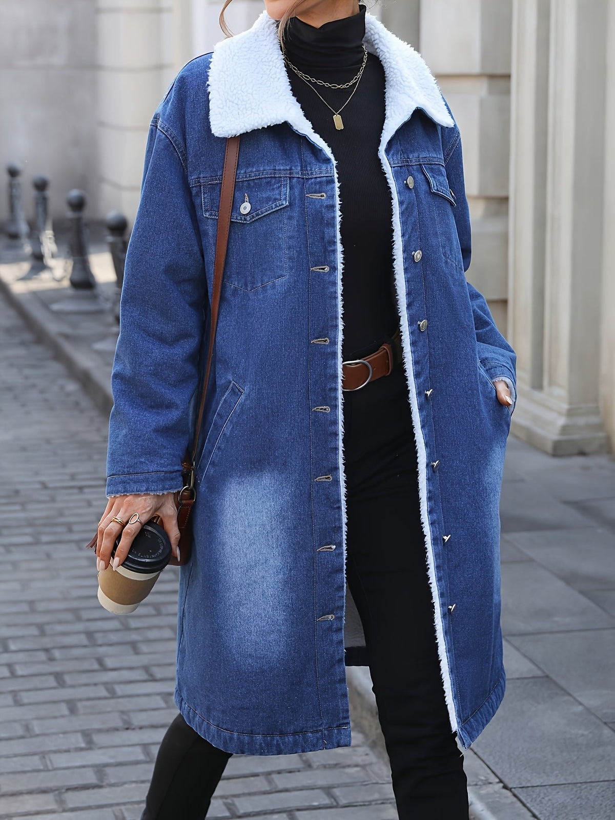 Damen Jeansmantel mit Teddyfutter und Reverskragen Mittellang