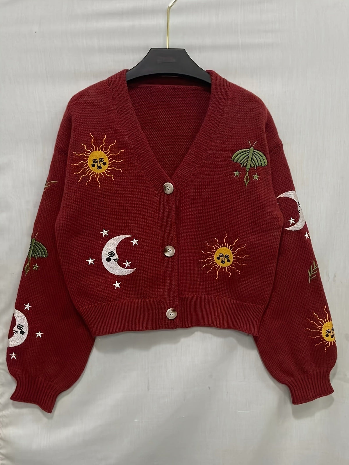 Bestickte Strickjacke Damen mit Sonne Mond Sterne Motiven