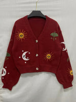 Bestickte Strickjacke Damen mit Sonne Mond Sterne Motiven
