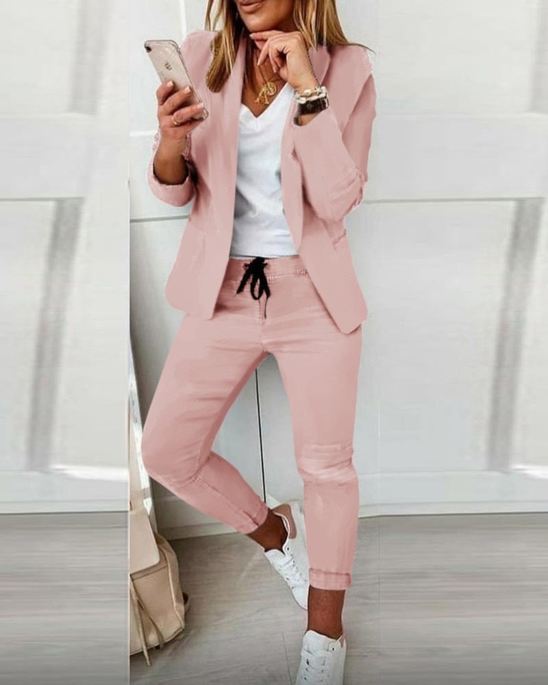 Damen-Zweiteiler-Set aus Baumwollmischung mit Blazer und schmaler Hose