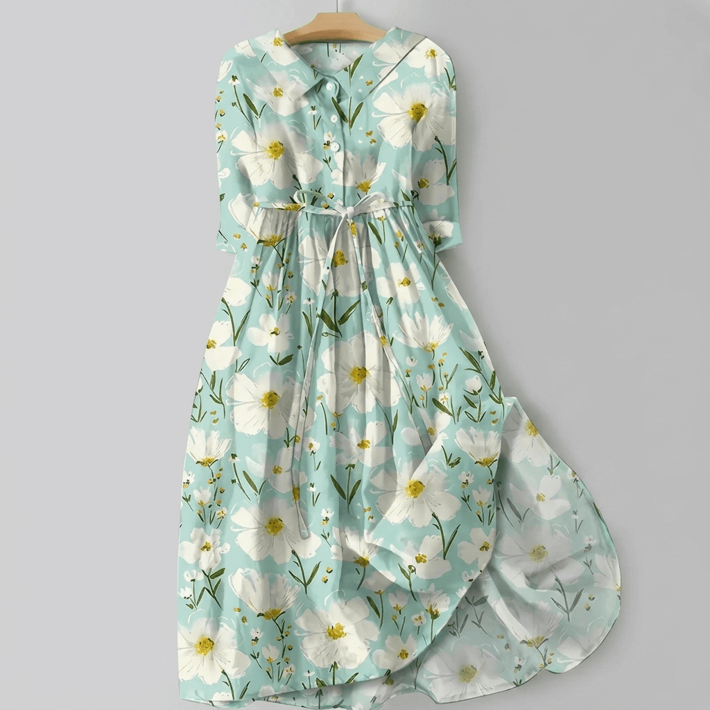 Blumiges Maxikleid mit Hemdkragen und 3/4-Arm für den Herbst