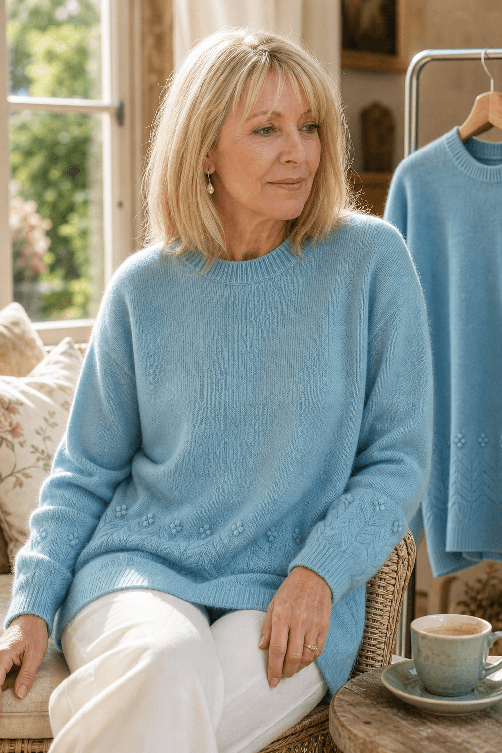 Zopfmuster Rundhals Strickpullover mit Blumendetails am Saum