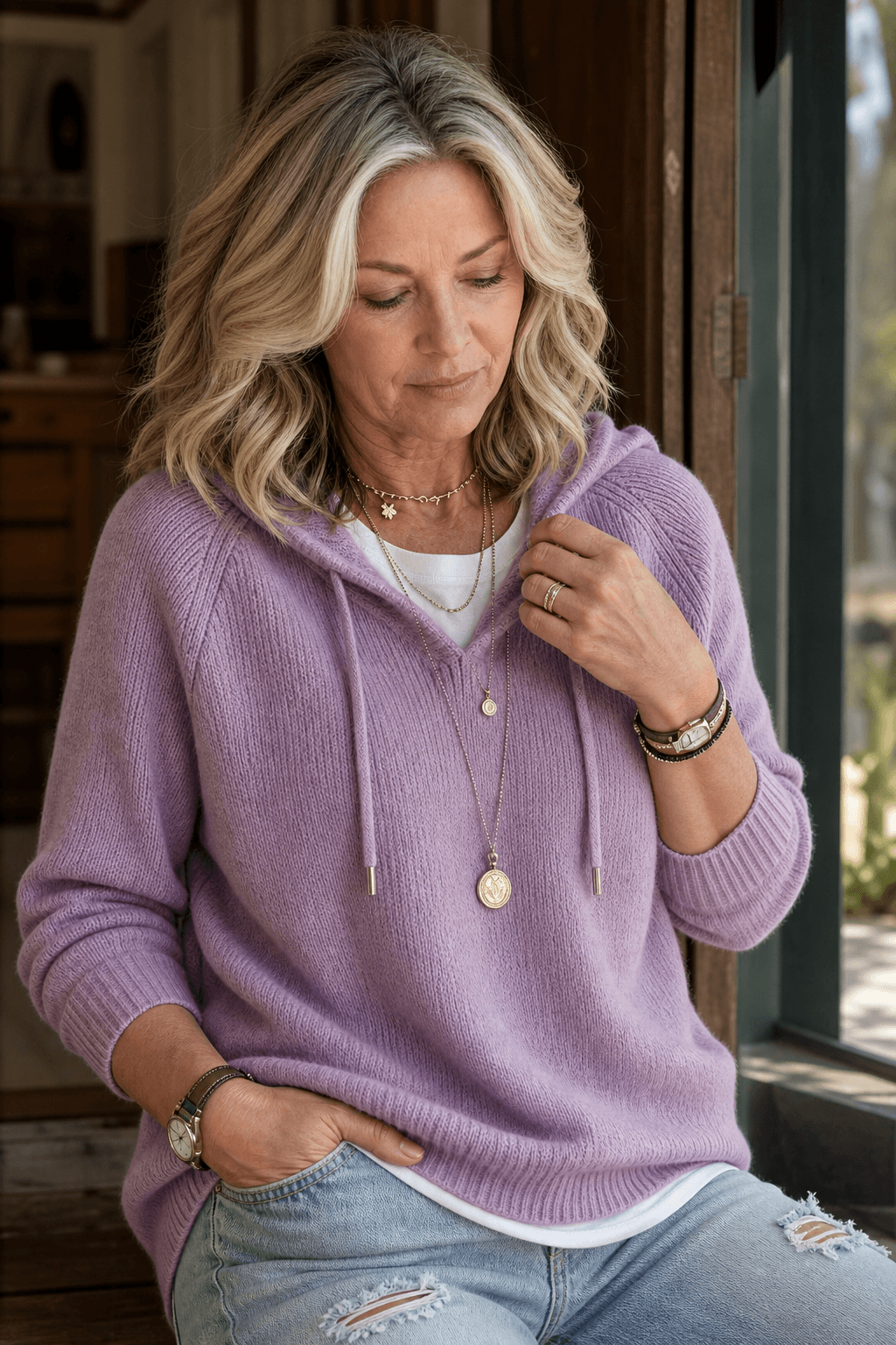 Damen Kapuzenpullover mit Kordelzug und Rippstrick-Struktur