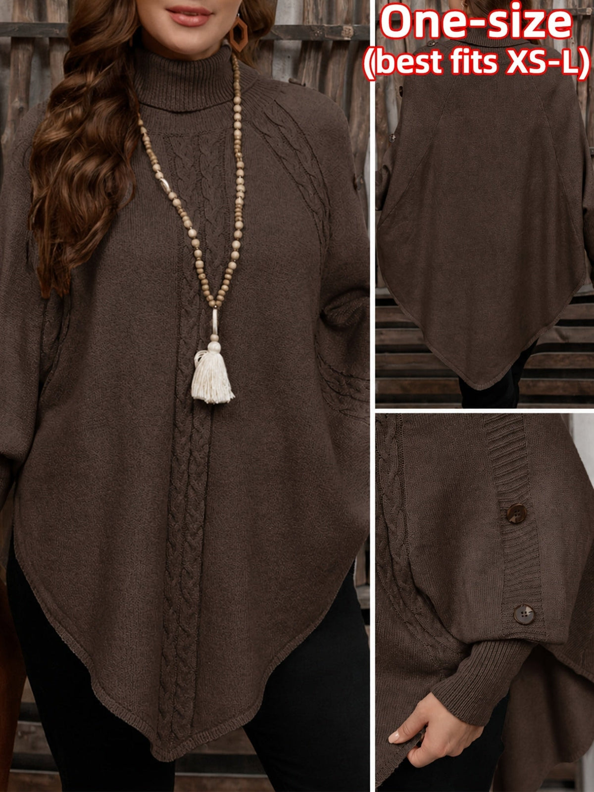 Poncho Pullover mit Rollkragen Zopfmuster und Knopfleiste für Damen