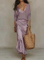 Elena Satin-Trägerkleid im Midi-Schnitt mit Strickpullover-Set