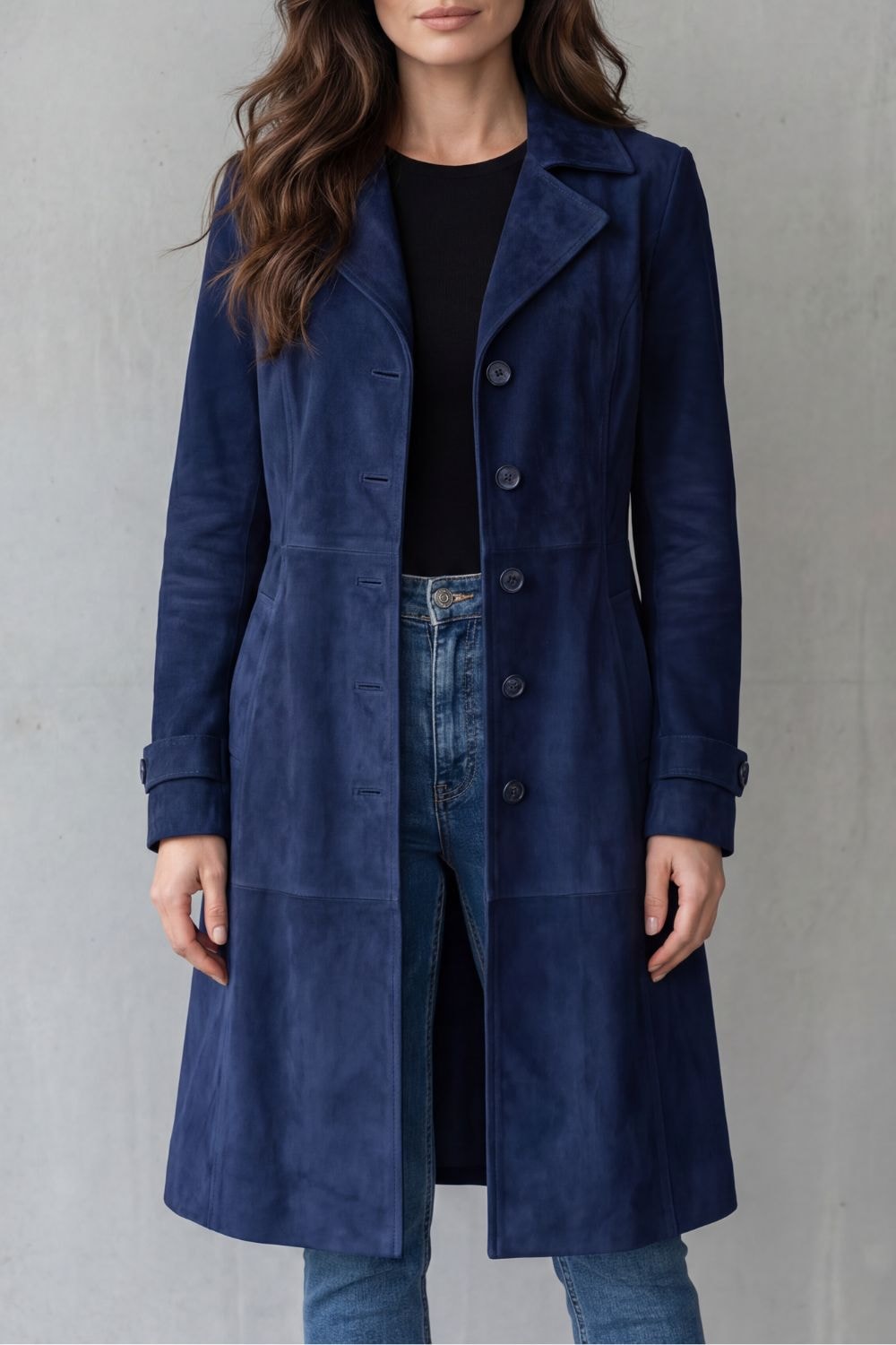 Langer Damenmantel im Wildleder-Look mit Taillenformung