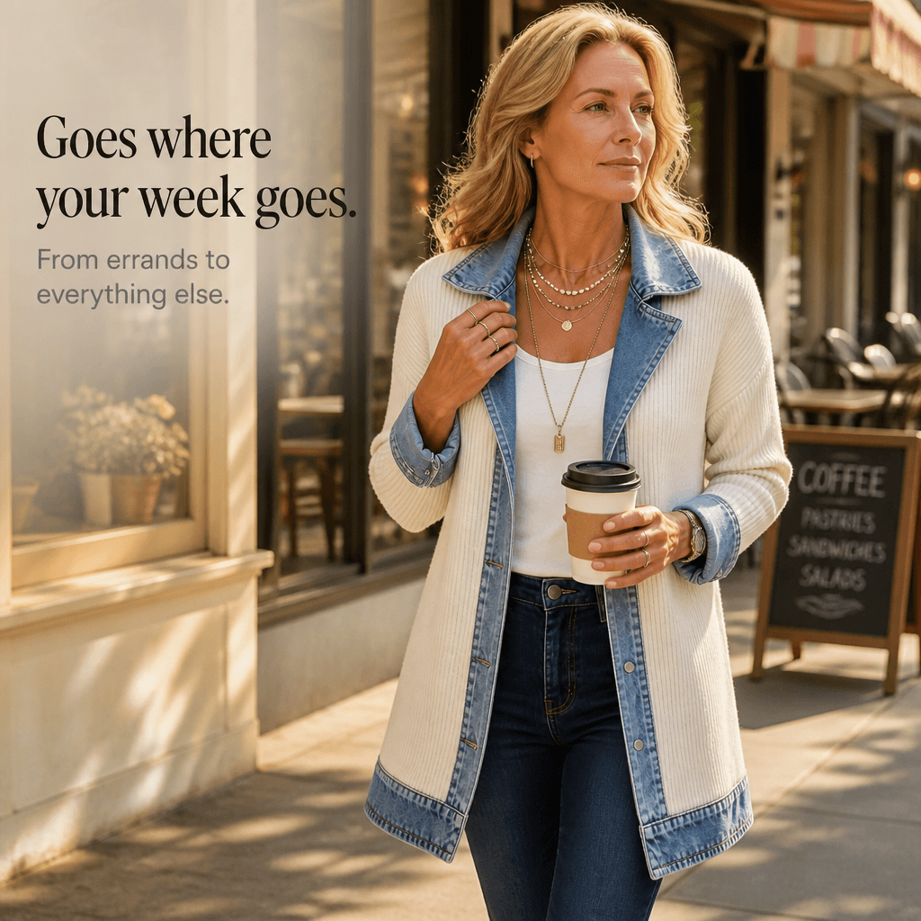 Strickjacke mit Denim-Paneelen und gerippter Struktur