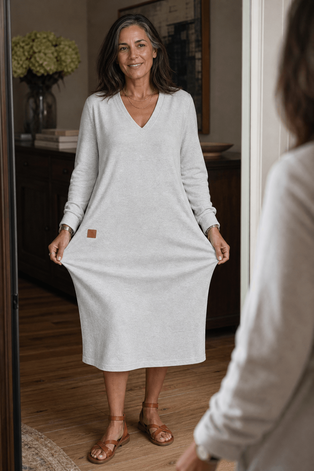 Curvella A-Linien Strickkleid mit V-Ausschnitt Midi für Damen