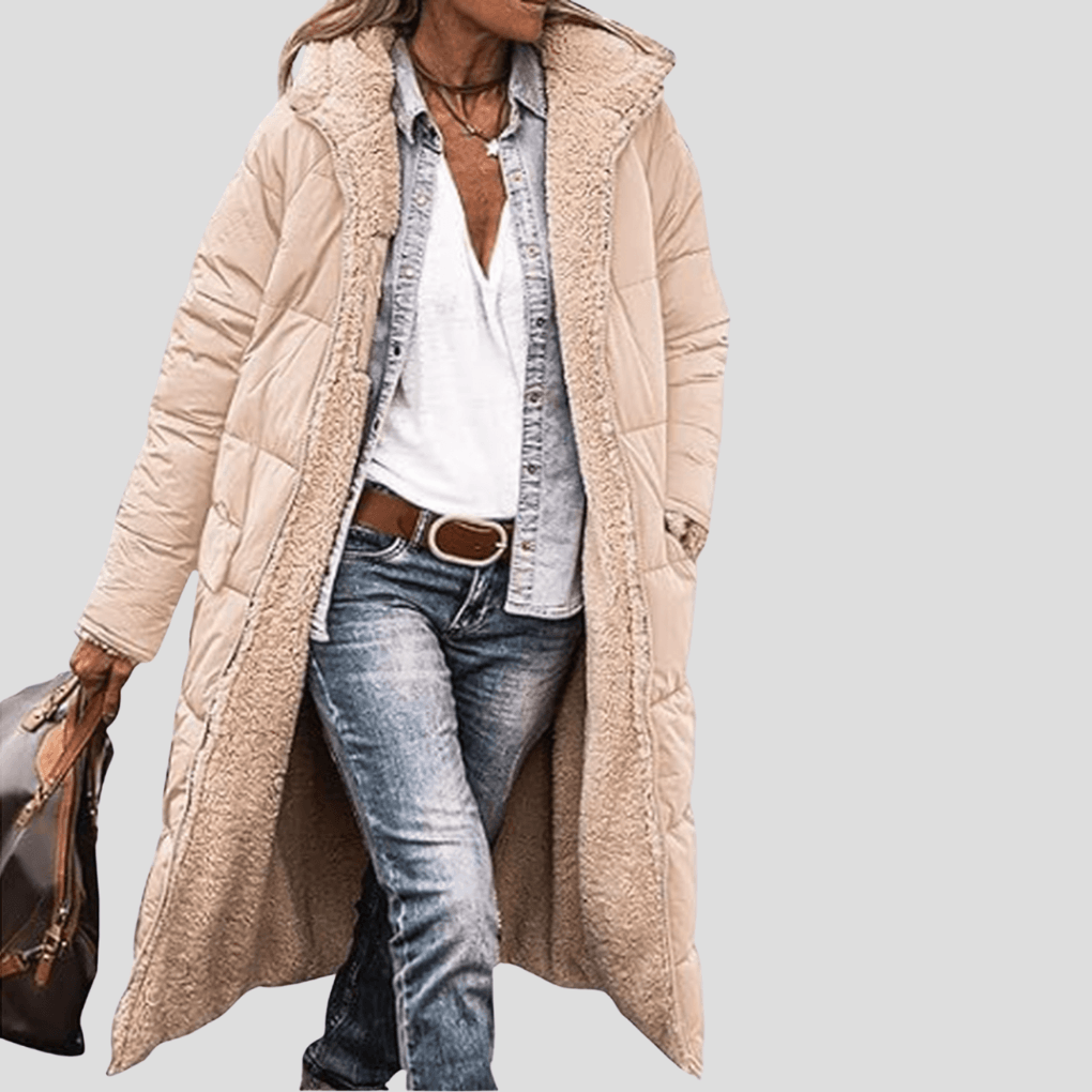 Wendbare Winterjacke Damen Lang mit Teddyfutter und Kapuze