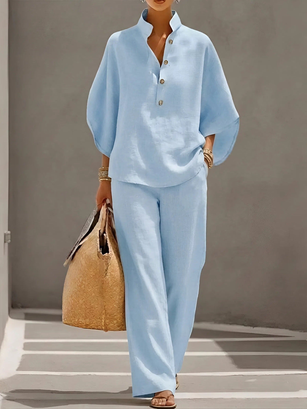 Weites Leinen-Zweiteiler-Set mit Stehkragen und Culotte-Hose