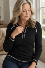 Damen Waffelstrick Henley Shirt mit Kontrastnähten