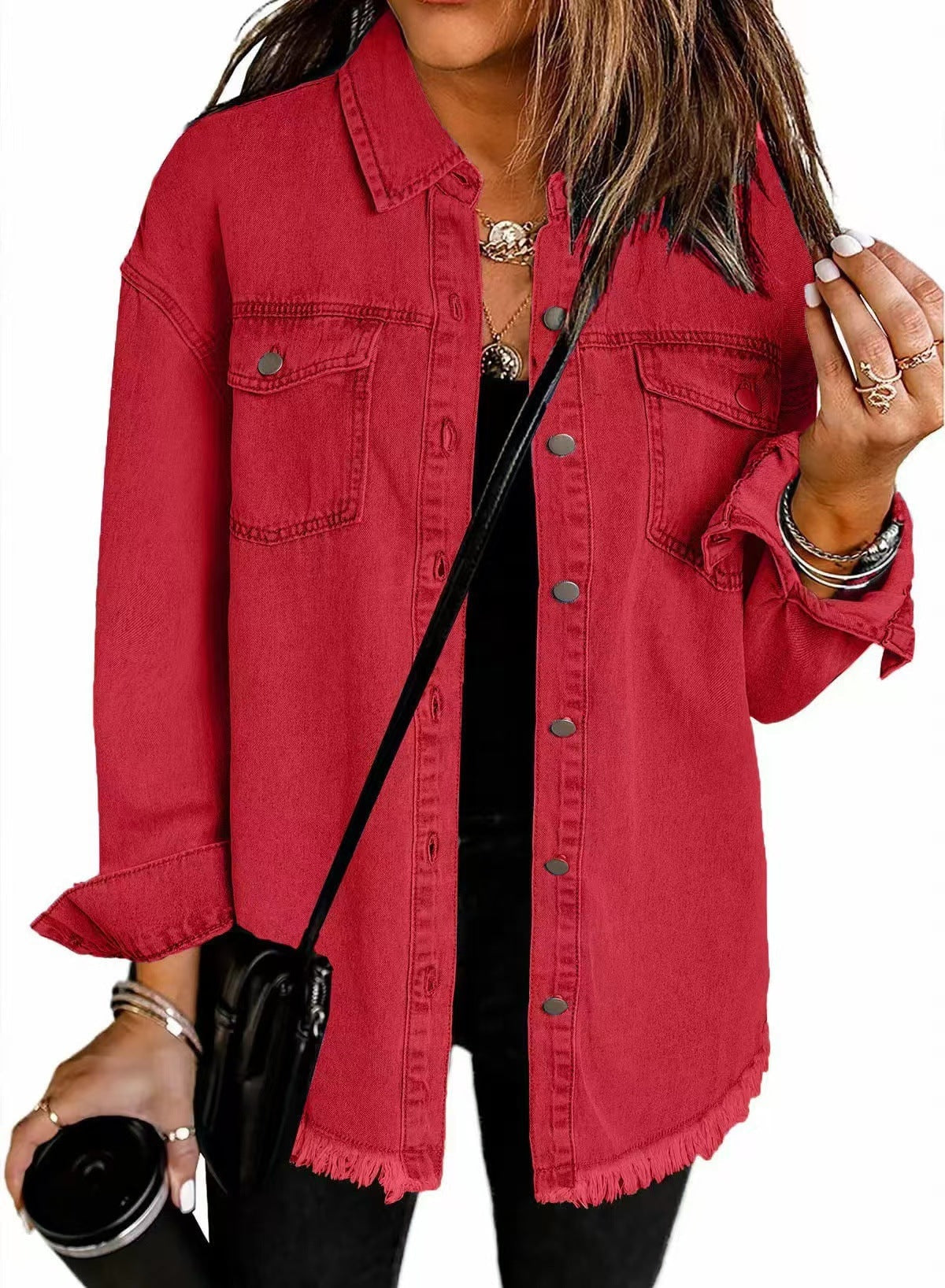 Wilda Oversized Jeansjacke im Mantel-Look mit Fransensaum