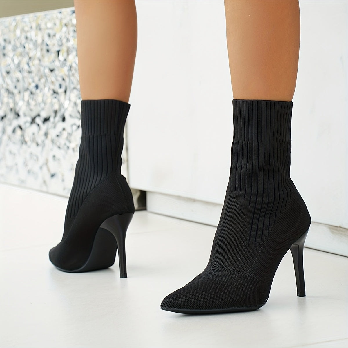 Damen Stiefeletten mit spitzer Zehe und Stiletto-Absatz aus Strickmaterial