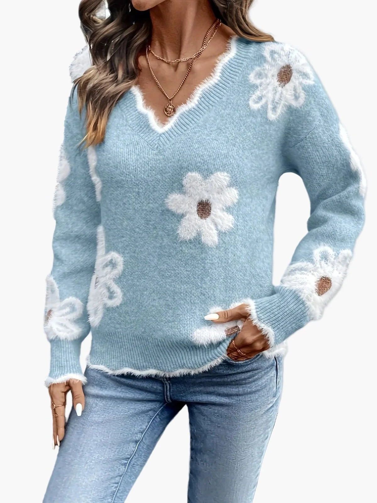 Damen Strickpullover mit Blumenstickerei und V-Ausschnitt im Norweger-Stil