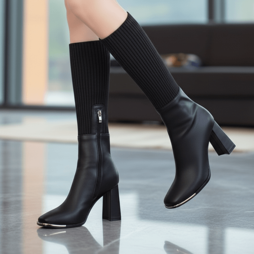 Flexara Damen Winterstiefel mit Strickschaft und Blockabsatz