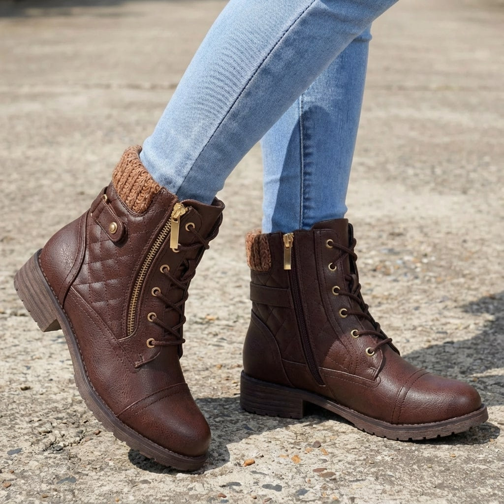 Damen Schnürstiefeletten mit Quilt-Optik und Blockabsatz