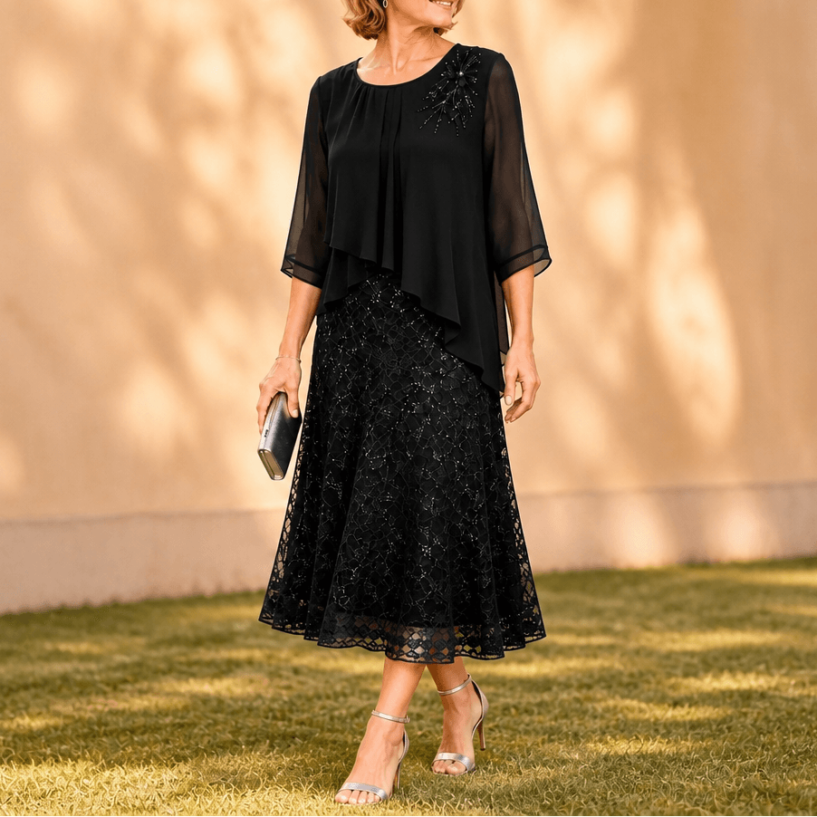 Elegantes Midikleid mit Spitzenoverlay und Chiffonärmeln