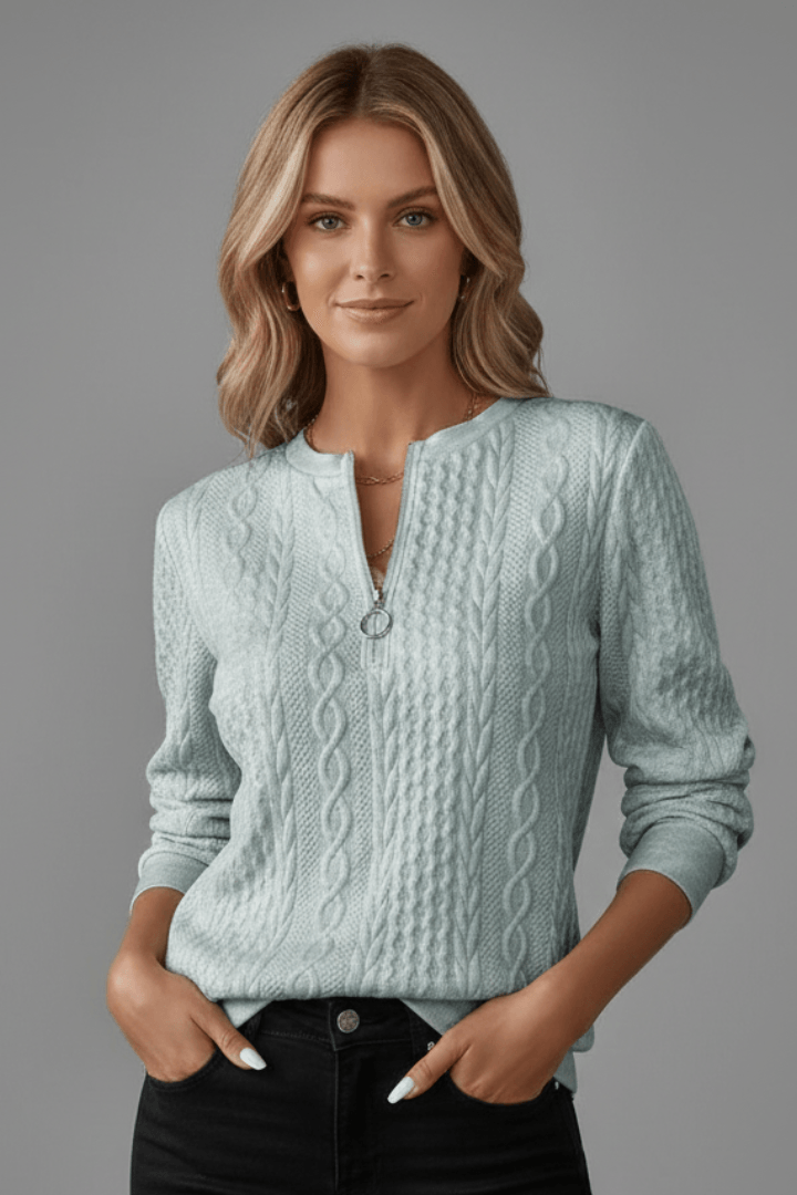 Zopfmuster Damen Pullover mit Reissverschlusskragen und Struktur