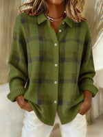 Damen Karierter Strickpullover mit Knopfleiste und Kragen