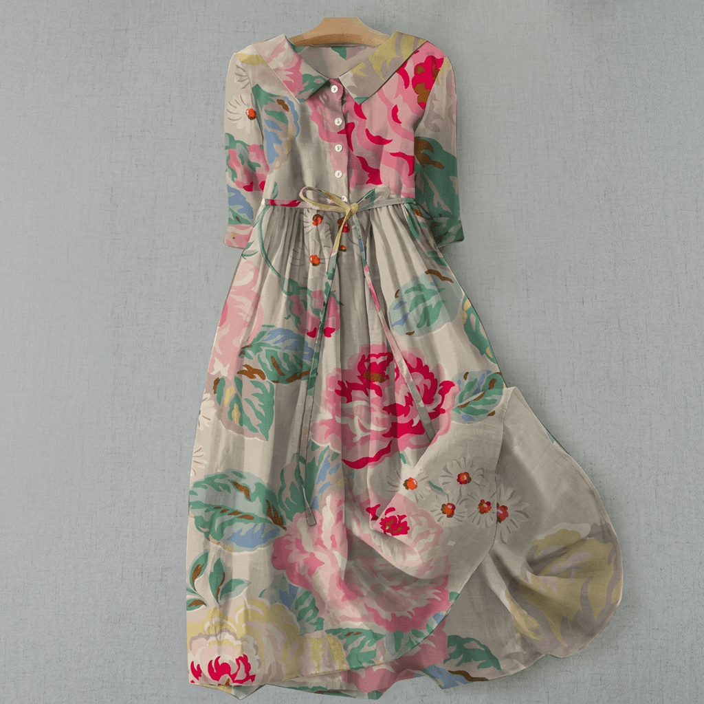 Blumiges Maxikleid mit Hemdkragen und 3/4-Arm für den Herbst