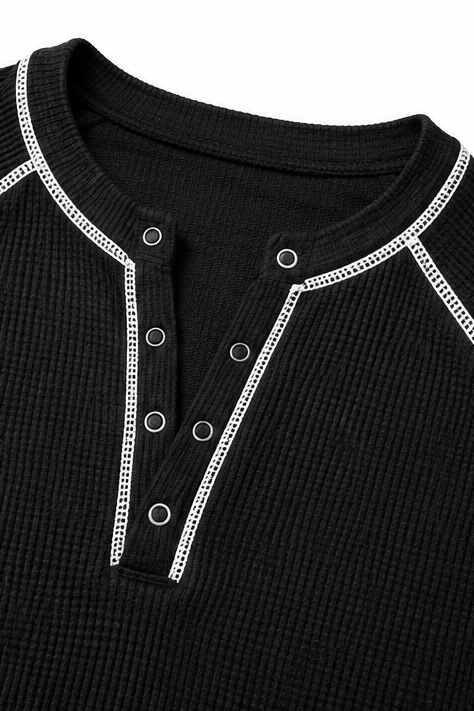 Damen Waffelstrick Henley Shirt mit Kontrastnähten