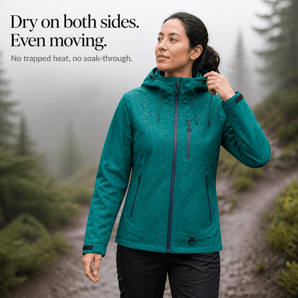 Wasserdichte Damen Regenjacke mit Kapuze und Lotuseffekt