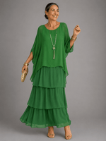 Gestuftes Chiffon-Maxikleid mit Fliessendem Cape-Ärmel und Weitem Schnitt