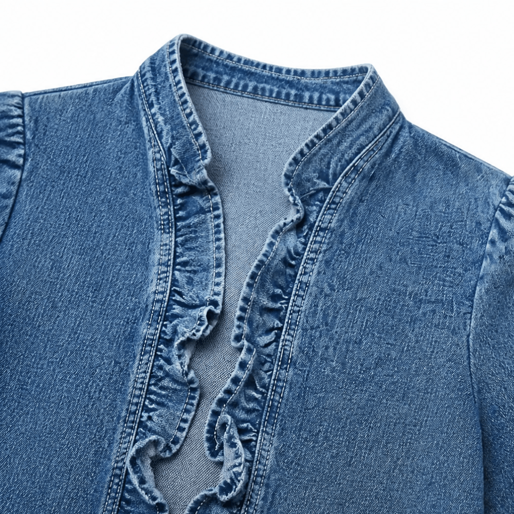 Maelyn Rüschenbesetzte Jeansjacke mit offenem Vorderteil