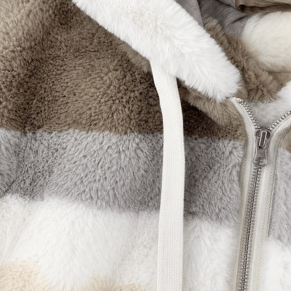 Damen Colorblock Kunstfell Jacke Oversized mit Kapuze