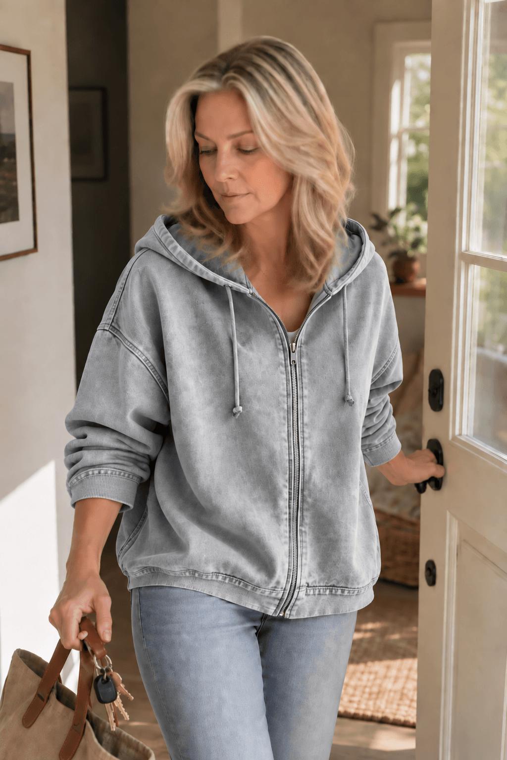 Damen Kapuzenjacke mit Reissverschluss und Waschoptik