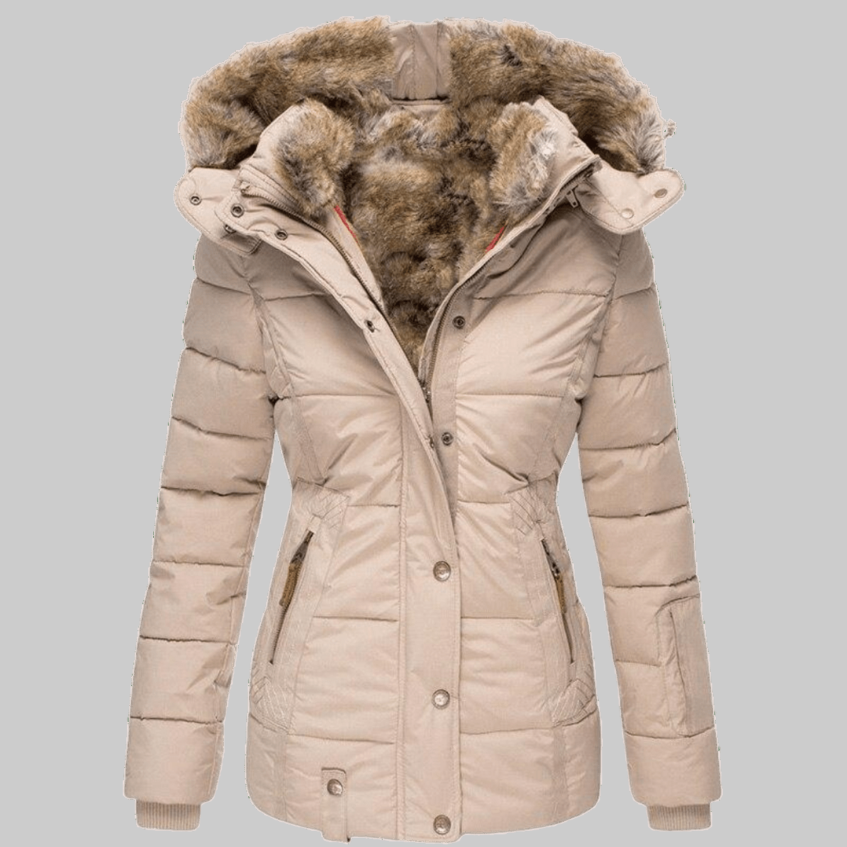 Schlank geschnittene Damen-Winterjacke mit Kunstfellkapuze und Kunstfellfutter