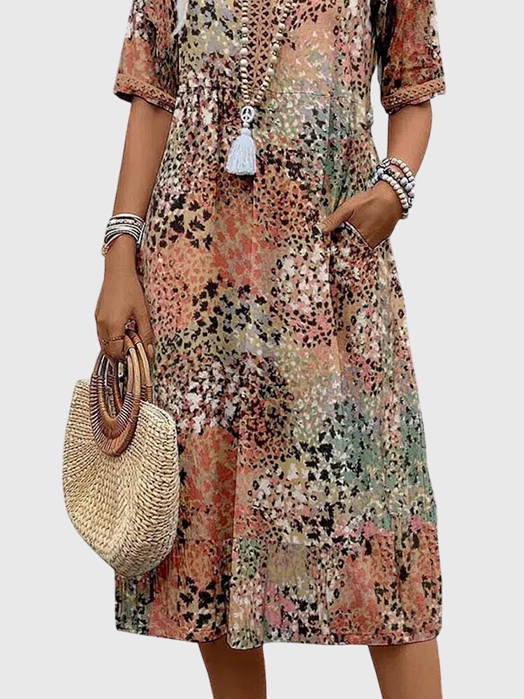 Florales Bohemian Midikleid mit V-Ausschnitt und Taschen