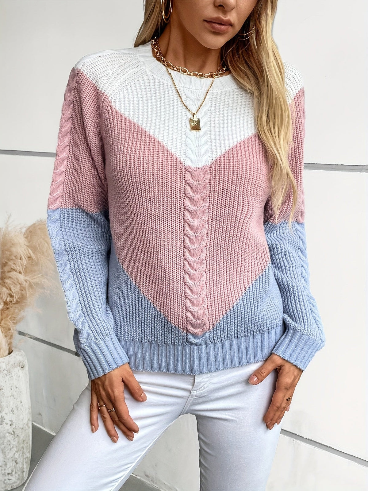 Norweger-Style Zopfmuster Damenpullover im Colour-Blocking-Design