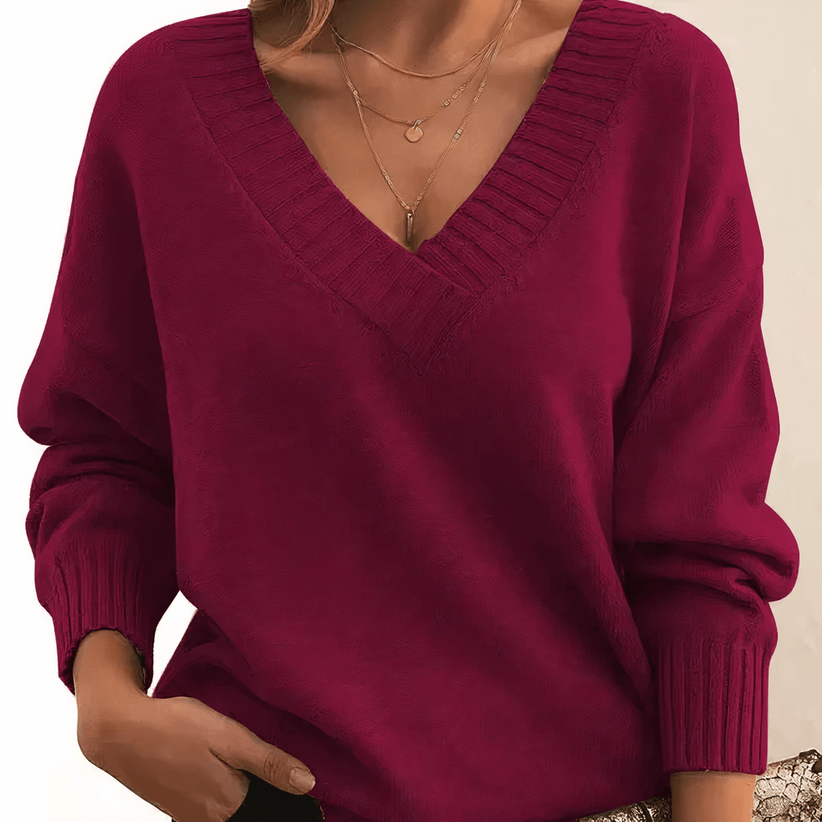 Solveig Kaschmir-Damenpullover mit V-Ausschnitt und langen Ärmeln