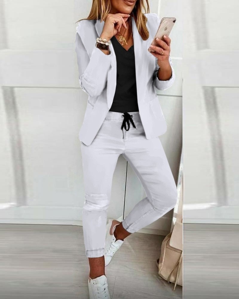 Damen-Zweiteiler-Set aus Baumwollmischung mit Blazer und schmaler Hose