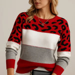 Jasmine Damen Norwegerpullover Strick mit Leopardenmuster und Farbblock-Design