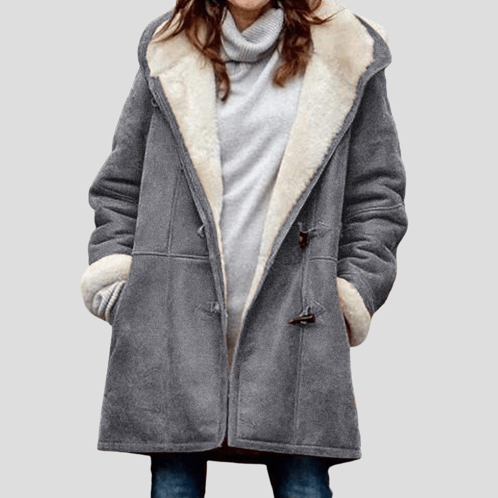 Kapuzenjacke Damen mit Kunstfellbesatz und Dufflecoat-Verschluss