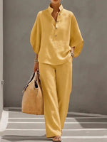 Weites Leinen-Zweiteiler-Set mit Stehkragen und Culotte-Hose