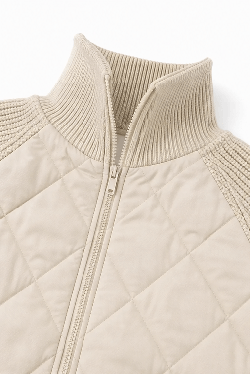 Damen Steppjacke mit Strickbesatz an Bund Ärmeln und Kragen im Patchwork-Design