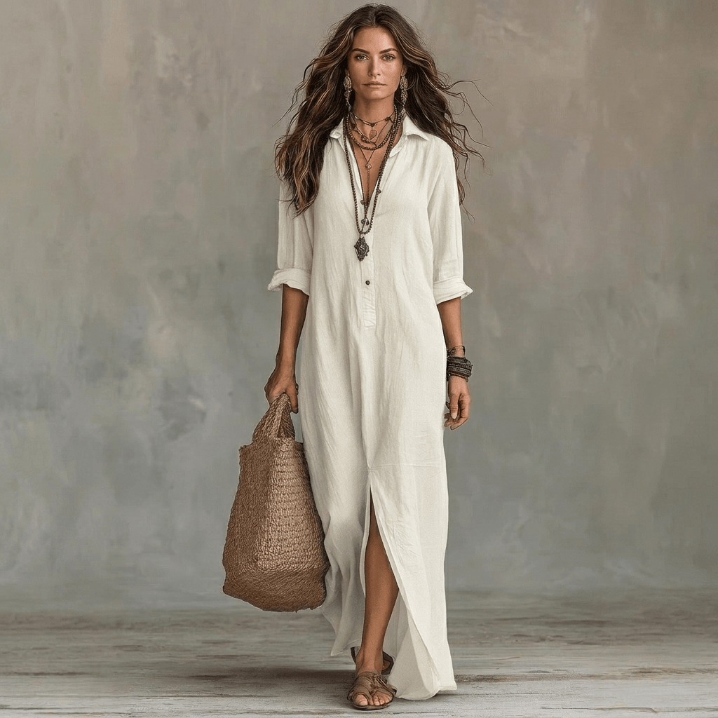 Langärmeliges Maxikleid mit Reverskragen aus Baumwollmischung für den Herbst