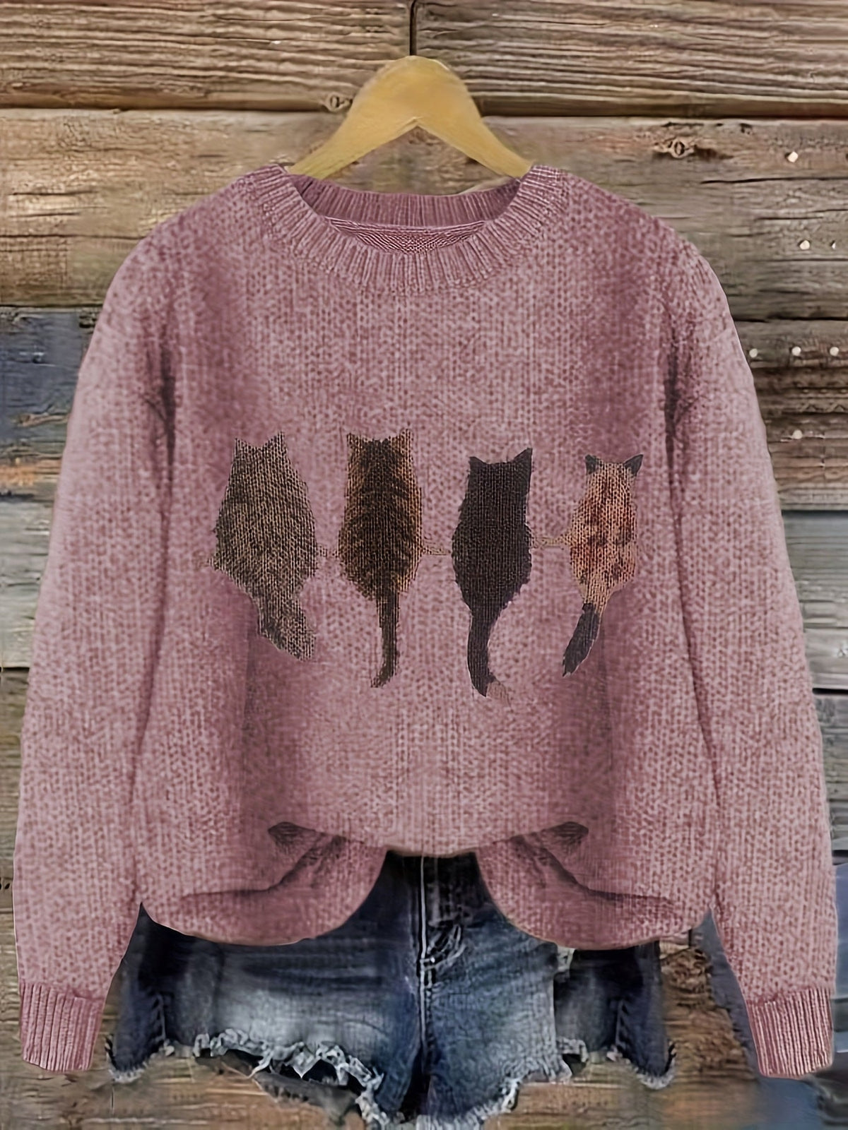 Grobstrick Rundhals Damenpullover mit Katzen-Motiv und Rippbündchen