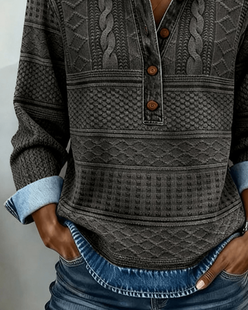 Melkorka Strukturiertes Langarmshirt mit Jeans-Optik-Kragen