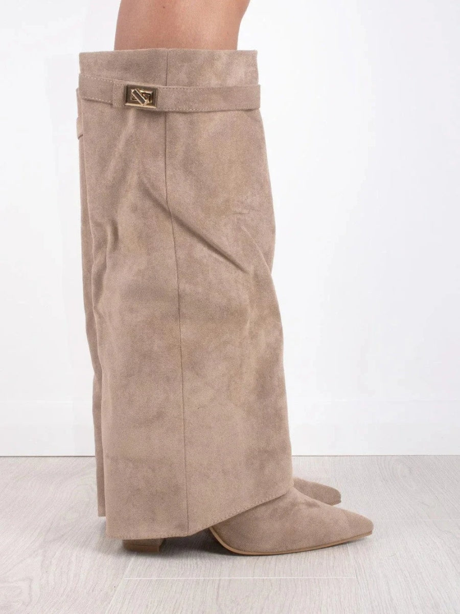 Damen Winterstiefel aus Wildleder mit Umschlag-Schaft und Blockabsatz
