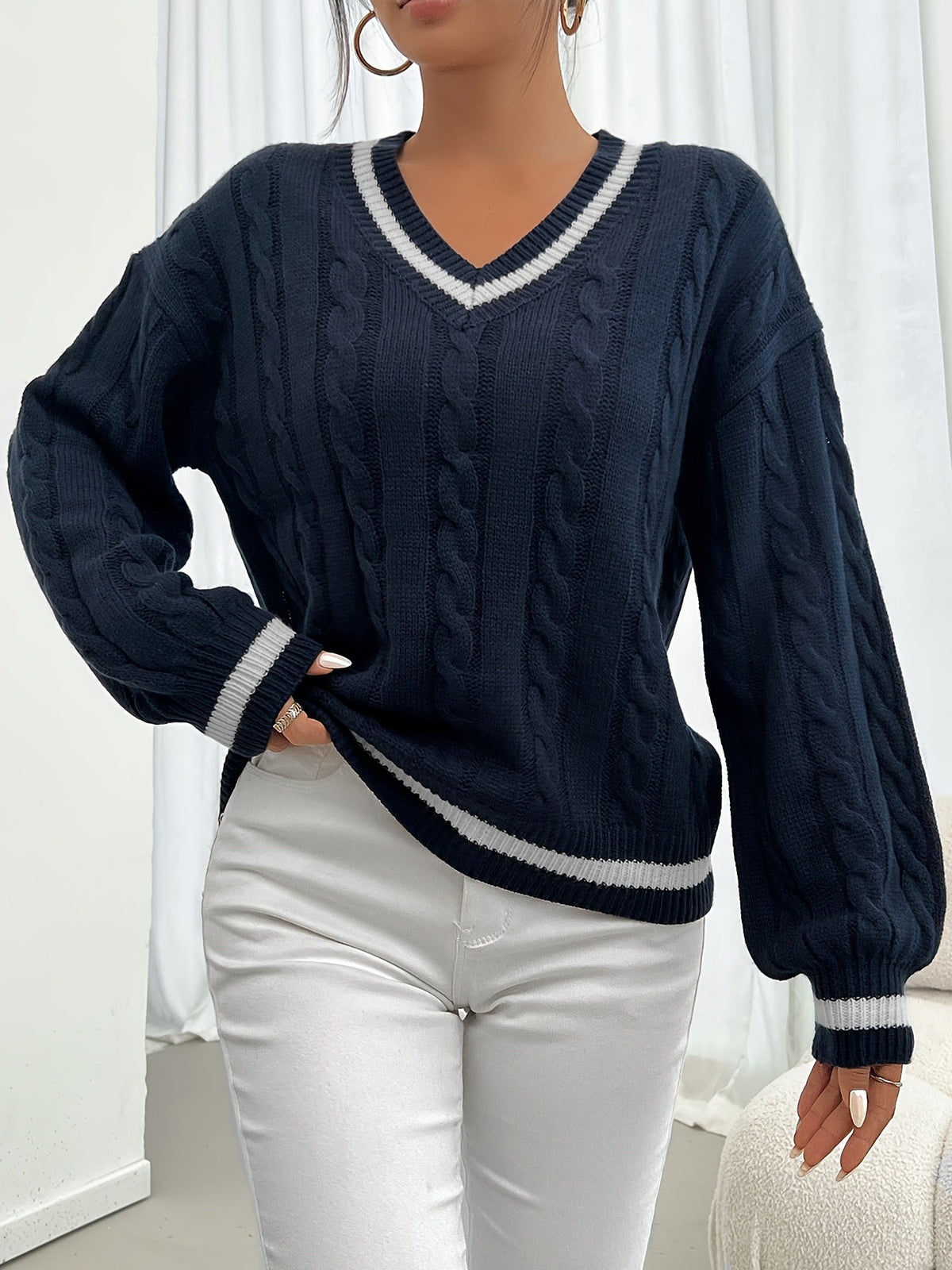 Damen Norweger-Pullover mit Zopfmuster V-Ausschnitt Kontraststreifen