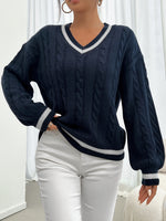Damen Norweger-Pullover mit Zopfmuster V-Ausschnitt Kontraststreifen