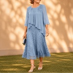 Elegantes Midikleid mit Spitzenoverlay und Chiffonärmeln