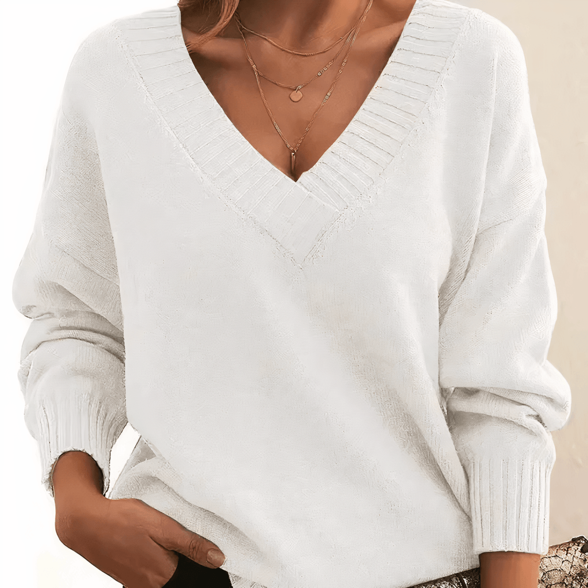 Solveig Kaschmir-Damenpullover mit V-Ausschnitt und langen Ärmeln