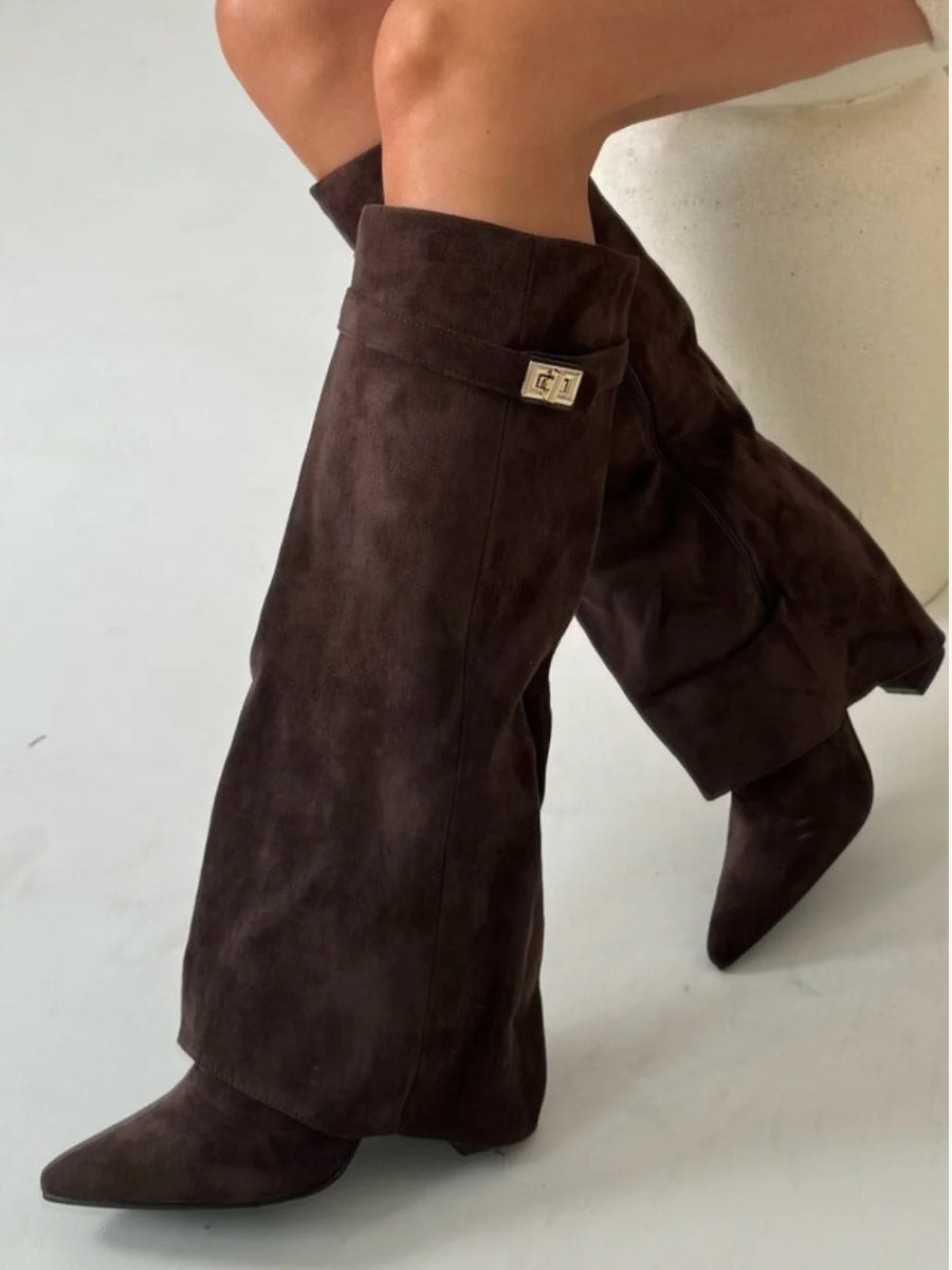 Damen Winterstiefel aus Wildleder mit Umschlag-Schaft und Blockabsatz