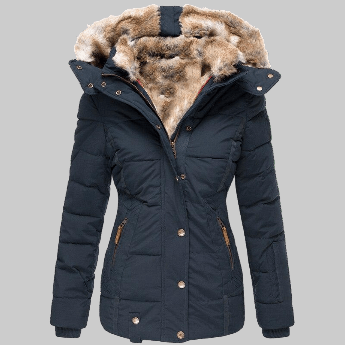 Schlank geschnittene Damen-Winterjacke mit Kunstfellkapuze und Kunstfellfutter