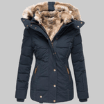 Schlank geschnittene Damen-Winterjacke mit Kunstfellkapuze und Kunstfellfutter
